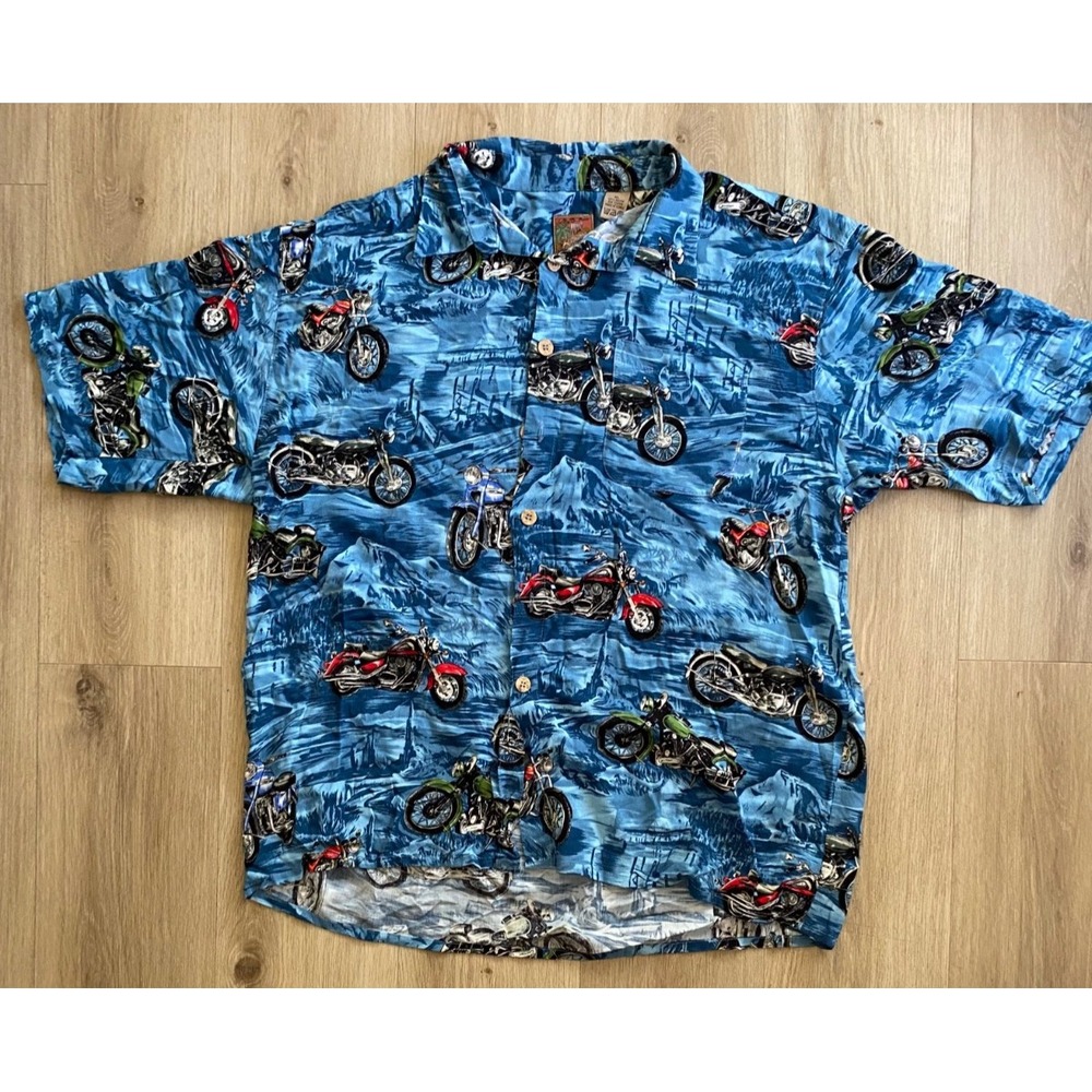 Vintage Next Originals Mens XL Hawaiian Shirt Blue Motorcycle 100% Rayon Korea
